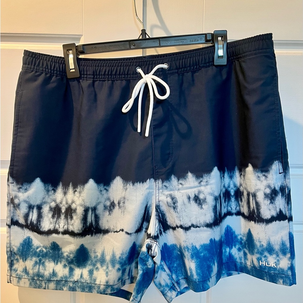 Men’s Huk Blue and White Swim Trunks with Oceanic Tie-Dye